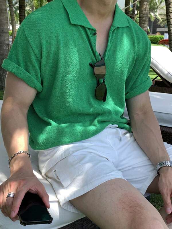 DAZY 男士纯绿色 Polo 领短袖针织衫，夏季