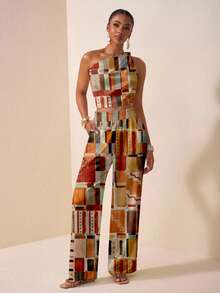 Zivah 春夏新款生日派对返校学生日常街头百搭休闲度假单肩扭结印花上衣搭配直筒宽松裤，荷叶边设计，带真口袋夏季女式两件套印花套装女式两件套夏季嘉年华服装 - 彩色 - 查看 7