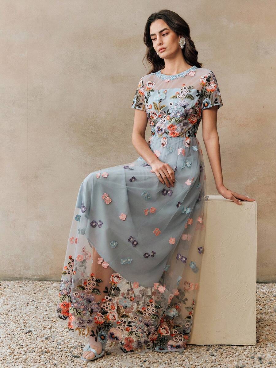 Anewsta Đầm chữ A màu hồng thanh lịch mới, thêu hoa, thích hợp cho kỳ nghỉ, tiệc sinh nhật dành cho nữ. - Màu xanh lam - Xem 1