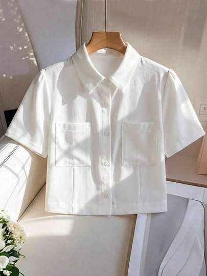 Franclia 2026 New Arrival Women's Cropped Shirts: White Short-Sleeved Shirt Collar Tops With Buttons & Pocket Detail - Casual, Commute, Minimalist & Preppy Style