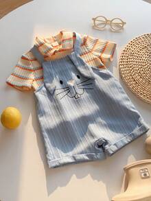 SHEIN 2pcs/Set Unisex Baby Casual Cute Holiday Knitted Colorful Striped Short Sleeve T-Shirt&Cartoon Rabbit Printed Blue Bib Pants Romper Set,Summer Sets - Multicolor - View 6