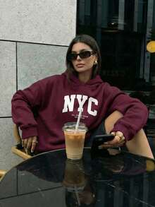 Aloruh Women's Autumn/Winter NYC Letter Print Casual Pullover Sweatshirt Sweatshirt, Loose Fit Pullover Hooded Sweatshirt, Fashionable & Versatile, Suitable For Street And Airport Wear, Autumn Carnival - Red Violet - View 2