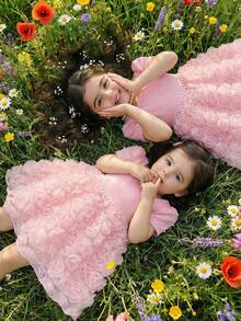 Đầm dệt kim tay phồng kiểu công chúa cho bé gái, cổ áo phối họa tiết, chân váy lưới hoa hồng 3D, thích hợp mặc thường ngày, dự tiệc, đi nghỉ mát, mùa hè. - Hồng - Xem 7