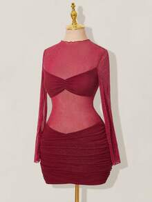 SHEIN ICON 亮面网纱拼接透视褶皱长袖迷你连衣裙 - 紅色 - 查看 3