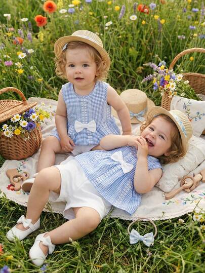 Souflis Souflis 2pcs/Set Elegant Plaid Outfit For Baby Girls 0-3 Years Old, Lovely Casual Suit For Spring/Summer Baby Girl Summer Clothes Baby Girls Sets Blue And White Outfit For Baby Girl Light Blue Outfit Baby Elegant Clothes