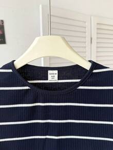 SHEIN Tween Girl Casual Mixed Striped Knit Crew Neck Short Sleeve Top - Navy Blue - View 5