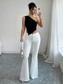 Elenzga Women's Mid-Rise Pocketed Button Casual Versatile Daily Wear Flare Jeans - White - View 6