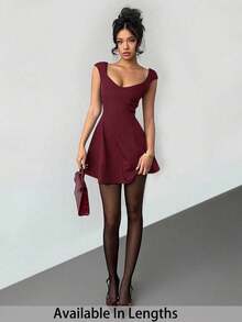SHEIN Tall CURVE 大码女式纯色心形领短袖时尚连衣裙 - 紅色 - 查看 1