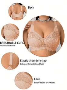 DesireSculpt 1pc Plus Size Women Lace Wireless Bra - Apricot - View 5