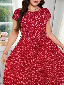 SHEIN Clasi Plus Size Elegant Burgundy Summer Dress For Women,Vintage Heart Print Pleated Everyday Casual Outfit,Luxury Wedding Guest Party Prom Formal Dresses - Red - View 7