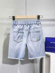 SHEIN Young Boy Light Blue Distressed Frayed Hem Fashionable Casual Denim Shorts, Summer - Light Wash - View 2