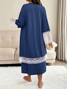 SHEIN 2pcs/Set Maternity Lace Trim Robe And Slip Dress Nursing Outfit - Navy Blue - View 2