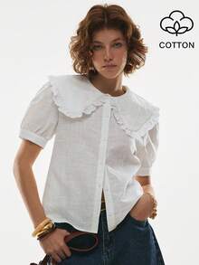 Poéselle 女士棉质刺绣超大领棉质衬衫，泡泡袖镂空纽扣夏季上衣，超大领衬衫，英式刺绣上衣，泡泡袖衬衫，白色夏季衬衫，田园风，蕾丝领口装饰衬衫，浪漫复古休闲可爱度假风纯色彼得潘领泡泡袖衬衫，春夏女士白色彼得潘领衬衫 - 白色 - 查看 7