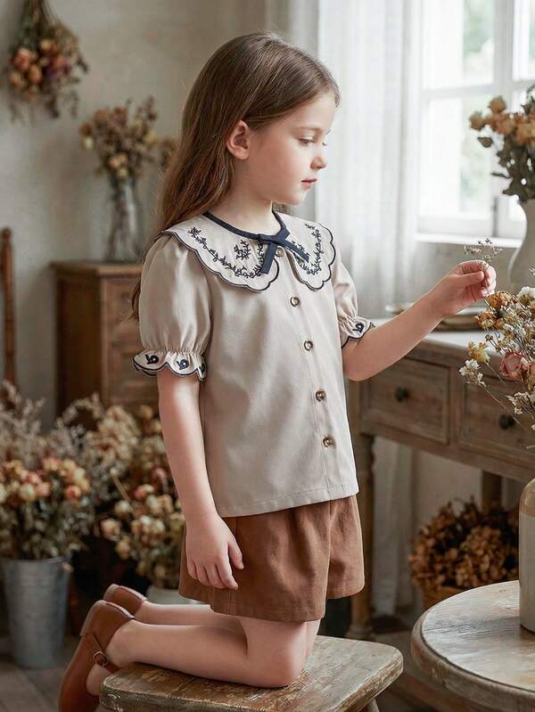 Vintaside Kids 女童杏色精致花卉蕾丝边休闲衬衫，修身剪裁，优雅百搭，适合外出、约会和居家穿着。