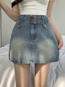 DAZY 女士休闲水洗腰带牛仔A字裙，春夏款 - 中等水洗藍 - 查看 5