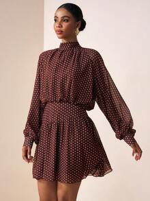 Zivah 2026 Spring/Summer New Music Festival, Easter, St. Patrick's Day, Valentine's Day, Date, Western, Nomadic, Birthday Party, Graduation, College, Student, Daily Wear, Basic Versatile, Casual, Vacation, Cruise Travel, Beach, Sunbathing, Viral , Streetwear, Wedding Guest Boho, Commute, Brunch, Airport, Party, Holiday Outing, Office Wear Brown Mini Dress With Stand Collar, Ruffle, Pleated, Mesh Polka Dot A-Line Long Sleeve - Brown - View 3