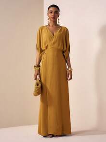 Zivah 2026春夏新款音乐节、复活节、圣帕特里克节、情人节、约会、西部风、游牧风、生日派对、毕业典礼、大学、学生、日常穿着、百搭基础款、休闲、度假、邮轮旅行、海滩、日光浴、爆款、街头风、婚礼宾客波西米亚风、通勤、早午餐、机场、派对、假日郊游、办公室着装 V领短袖亚麻长裙，腰部系带，金属装饰，开衩，飘逸，黄绿色 - 芥末黃 - 查看 6