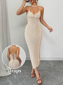 Rafferiza New Slim Fit Sexy Hollow Out Strap Fashion Personalized Knit Dress For Women, Suitable For Beach Vacation, Spring/Summer - Khaki - View 8