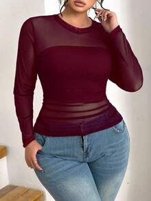 Elenzga Plus Size Classic Versatile Black Sexy Round Neck Long Sleeve Mesh T-Shirt - Burgundy - View 4