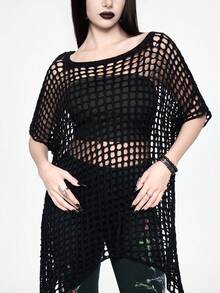 ROMWE Goth Áo len dệt kim lưới khoét lỗ màu đen dành cho nữ, kiểu dáng punk, tay áo cánh dơi dáng rộng, vạt áo không đều, thích hợp cho kỳ nghỉ biển, áo khoác ngoài. - màu đen - Xem 2