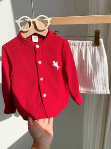 SHEIN 2pcs/Set Baby Boy Baby Boy Spring/Summer Fashion Casual Red Long Sleeve Woven Shirt And White Shorts Outfit Baby Boy Burgundy Clothes Baby Boy Red Shirt - Burgundy - View 7