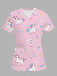 TaskEZ Rainbow Pony Pink Women's Scrub Uniform Top - Multicolor - View 6