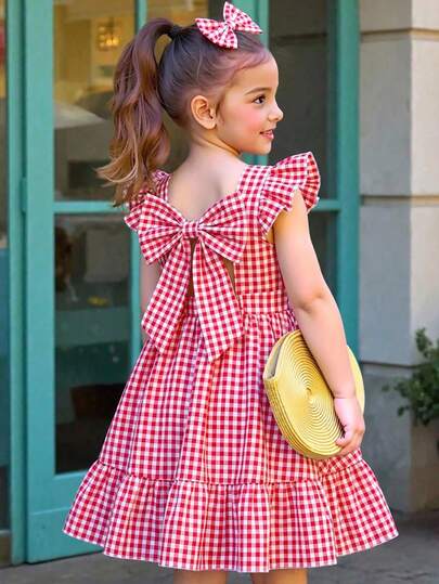 Vintaside Kids Girls Elegant Red Floral Print Round Neck Flutter Sleeve Hollow Back Bow Decor Waist Ruffle Hem Casual Fairy Birthday Summer Dress For Vacation