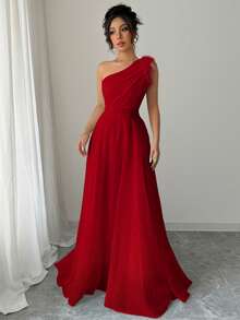 Modelyn 法式复古仙女风时尚单肩连衣裙 - 紅色 - 查看 3