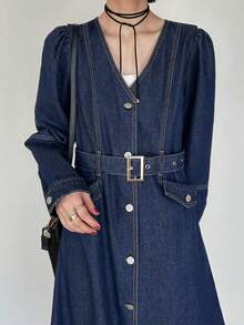 FRIFUL Women's Casual Commuter Front Button Long Denim Dress - Blue - View 2