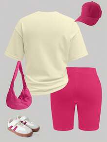 SpongeBob SquarePants | SHEIN Tween Girl Cartoon Print Round Neck Short Sleeve T-Shirt And Solid Color Biker Shorts 2-Pieces Set - White - View 2