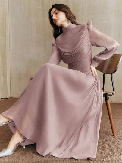 Anewsta New Elegant Ruched Collar Long Sleeve Dress For Women, Suitable For Spring/Summer, Dates, Parties, Weddings