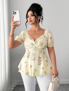 Elenzga Front Twist Ditsy Floral Textured Fabric Puff Sleeve Gathered Waist Flared Hem Women Blouse - Apricot - View 3