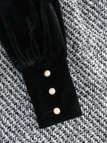 Franclia Petite Elegant Women's Tweed & Velvet Patchwork V-Neck Long Sleeve Casual/Party/Holiday Christmas Dress - Black - View 4