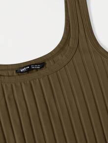 SHEIN Essnce 女士简约纯色罗纹针织吊带连衣裙，夏季 - 軍綠色 - 查看 6