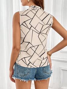 SHEIN Essnce 女士休闲几何印花无袖翻领衬衫，夏季 - 杏色 - 查看 2