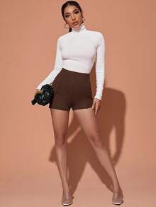 SHEIN Essnce Quần short nữ dáng ôm, màu trơn, thiết kế khóa kéo bên hông, kiểu dáng thường ngày. - Cà phê nâu - Xem 5