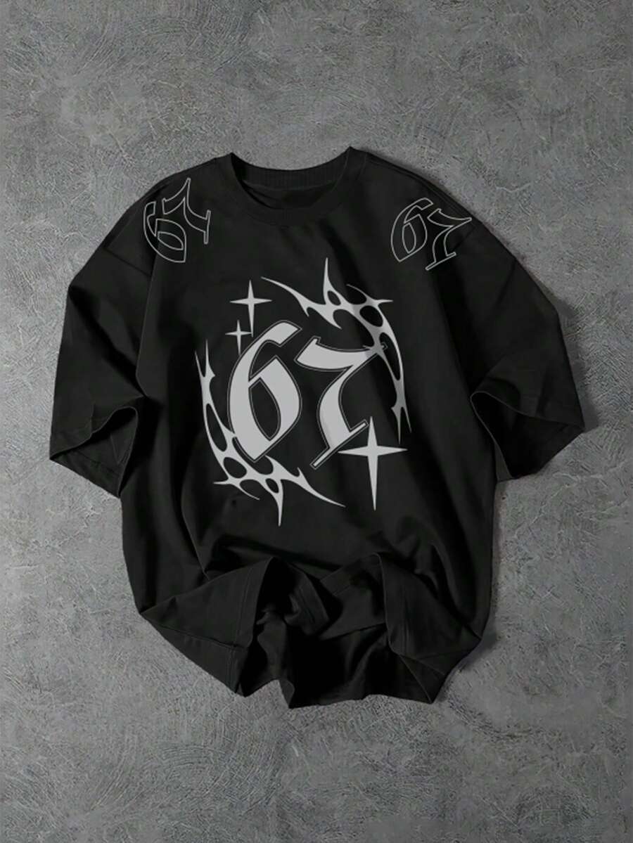 GENIUS ODE 男士极简印花圆领短袖T恤 - 黑色 - 查看 1