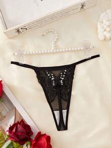 1pc Women's Sequin Mesh Butterfly Thong Panty - Black - View 1