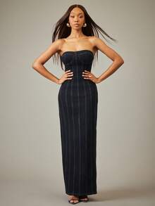 NYA SZN Denim Dress Sleeveless Fitted Bodycon Dark Wash Heart Cut Out Blue Stripe Winter Spring Festive Holiday Valentines Day Date Event Party Golng Out Maxi Length Outfits For Women - Blue - View 2