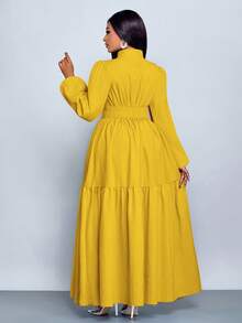 Đầm dài tay dáng chữ A ôm sát, màu trơn, cổ đứng, xẻ tà trước, cúc hình giọt nước, thiết kế cao cấp, thắt eo của SOLERSUN dành cho nữ, thanh lịch và thoải mái, thời trang công sở, kiểu dáng mới, mặc hàng ngày, năm mới, thu đông, hẹn hò, Giáng sinh, thời trang nữ. - Màu Mù tạt vàng - Xem 2