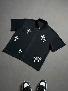 Manfinity Roghcode Men's Cross Print Zip Collar Short Sleeve Shirt - Black - View 3