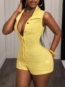 BamGleam Women's Yellow Summer Chic Textured Jumpsuit, Collar Button Casual Sexy Romper For Club Night Out Vacation Night, Boho Beach Vacation, Western Cruise - Yellow - View 3