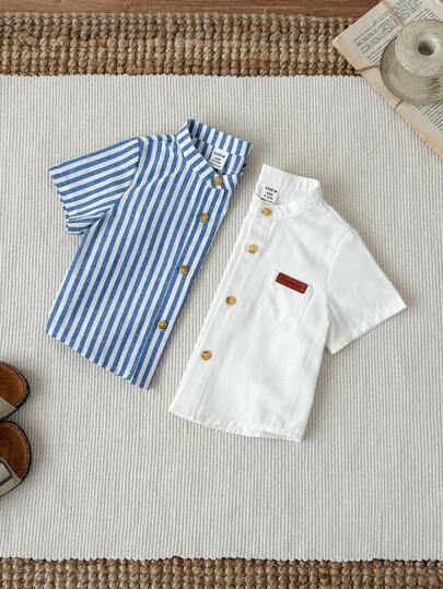 SHEIN 2pcs Baby Boys/Girls White & Blue Striped Casual Loose Fit Short Sleeve Open Front Shirt, Versatile For Spring/Summer Everyday, Home, Outdoor, Travel & Vacation Wear