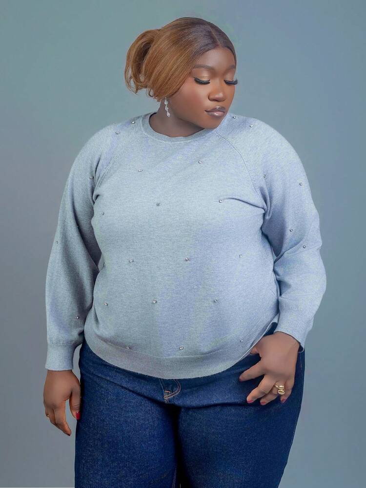 CurvyTilda 大码女式灰色水钻装饰圆领毛衣，秋季/假日毛衣，适合冬季 - 灰色 - 查看 3