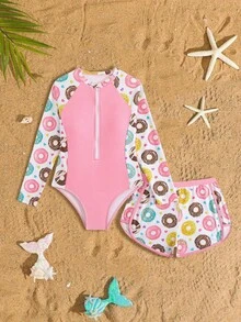 SHEIN Tween 女童时尚撞色甜甜圈印花泳衣套装 - 彩色 - 查看 3