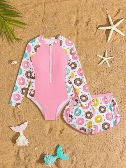 SHEIN Tween Girls' Fashionable Color Blocking Donut Print Swimwear Set