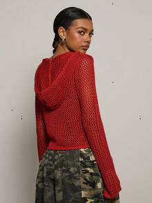 COUREZ Open Knit Hooded Top Long Sleeve /Y2K Spring Clothes For Women Street Streetwear Cute Going Out Outfits Causal Knit Party Rave Knit Cardigan Summer Trousers Summer Outfits Funnel Neck Knit - Red - View 3
