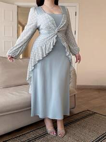 Dazy Plus 大码撞色碎花修身长裙，两穿设计，优雅约会之选，春夏连衣裙 - 淺藍色 - 查看 7