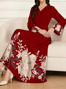 SHEIN Najma 女士杏色花卉印花V领长袖优雅阿拉伯风格长款连衣裙，春季 - 彩色 - 查看 1