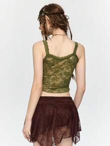 ROMWE Fairycore Áo camisole ngắn ôm sát lấy cảm hứng từ thiên nhiên dành cho nữ mùa hè, phối ren tương phản. - màu xanh lá - Xem 5